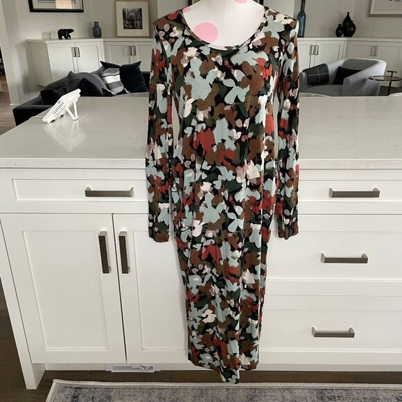 Source Unknown Dresses & Skirts - Abstract Floral Scoop Nk Lg Slv Midi (mid calf) Rayon Spandex Dress Multi Sz M